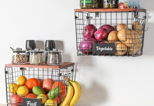2 Set Fruit Vegetable Produce Wire Storage Baskets w/ Wood Top for Wall Mount Hanging or Countertop - Sturdy Steel Metal Baskets for Home Kitchen Pantry Cabinet Organization - Multiuse Organizing Bins
