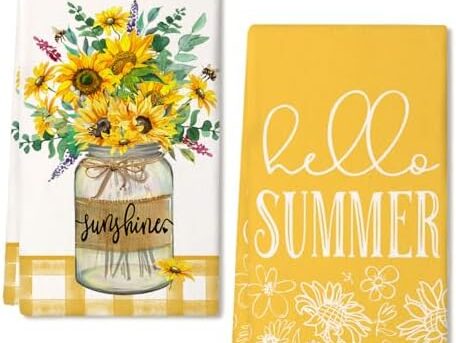 ARKENY Sunflower Hello Summer Kitchen Towels Dish Towels Set of 2,Yellow Vase Floral Hand Towels 18x26 Inch Drying Dishcloth,Farmhouse Home Seasonal Holiday Summer Decorations AD317