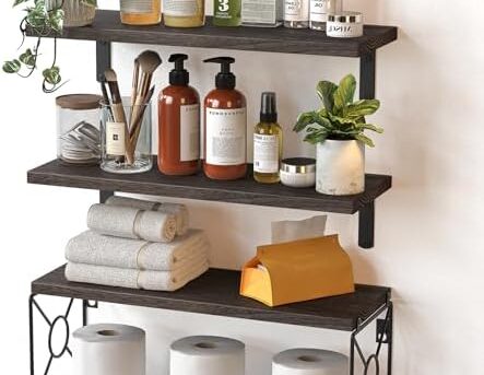 Amada Bathroom Shelves Over Toilet with Storage Basket, Floating Bathroom Wall Shelves for Home Organization & Wall Decor, Bathroom/Kitchen/Living Room Shelves–Rustic Brown
