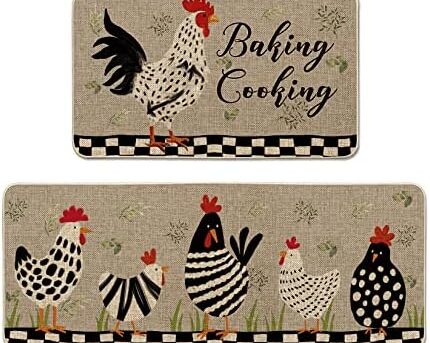 Artoid Mode Baking Cooking Chicken Rooster Kitchen Mats Set of 2, Home Decor Low-Profile Kitchen Rugs for Floor - 17x29 and 17x47 Inch