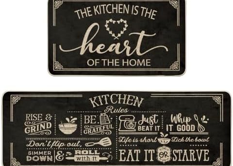 Artoid Mode Black Cooking Sets Kitchen Mats Set of 2, Seasonal The Kitchen is The Heart of The Home Holiday Party Low-Profile Floor Mat for Home Kitchen - 17x29 and 17x47 Inch