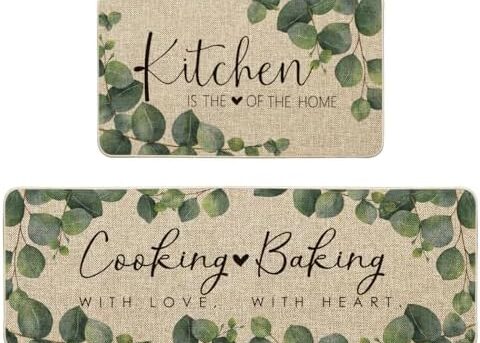 Artoid Mode Eucalyptus Leaves Mats Set of 2, Kitchen is The Heart of The Home Cooking with Love Baking with Heart Decorations for Home 17 x 29 and 17 x 47 Inch