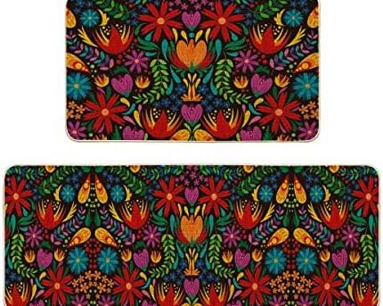 Artoid Mode Mexican Fiesta Cinco de Mayo Kitchen Mats Set of 2, Flowers Holiday Party Low-Profile Floor Mat for Home Kitchen - 17x29 and 17x47 Inch