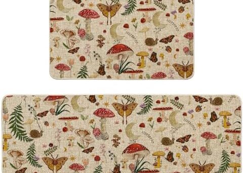 Artoid Mode Mushrooms Butterfly Spring Kitchen Mats Set of 2, Home Decor Low-Profile Kitchen Rugs for Floor - 17x29 and 17x47 Inch