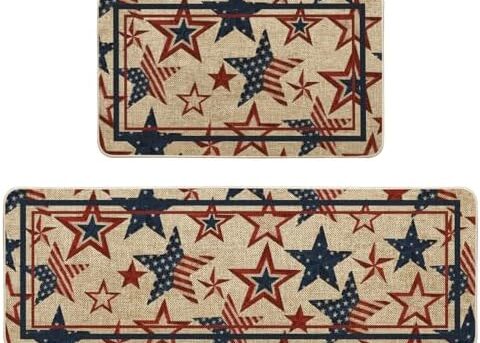 Artoid Mode Stars Independence Day Patriotic 4th of July Kitchen Mats Set of 2, Memorial Day Home Decor Kitchen Rugs for Floor - 17x29 and 17x47 Inch