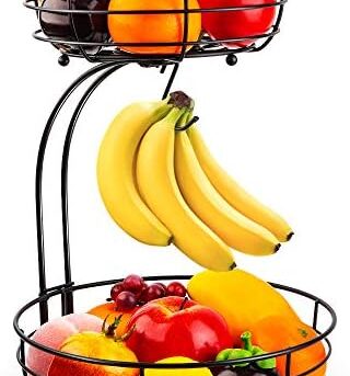 Auledio Iron 2-Tier Countertop Fruit Vegetables Basket Bowl Storage With Banana Hanger, Black, 64 ounces