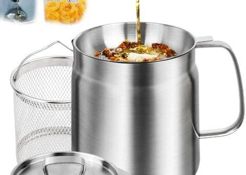 Bakpoco 2L Stainless Steel Oil Filter Pot, Bacon Grease Container with Strainer & Deep Fryer Basket, Kitchen Cooking Oil Lard Fat Saver, Pasta Vegetable Pot for One, Triply-Base Suits All Stoves