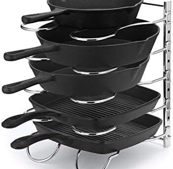 CAXXA Metal Heavy Duty Pan Rack, Pot Lid Rack, Kitchen Cabinet Pantry Cookware Organizer Rack Holder | 5 Adjustable Dividers, 12.8 x 10.4 x 8.9 INCH, Chrome