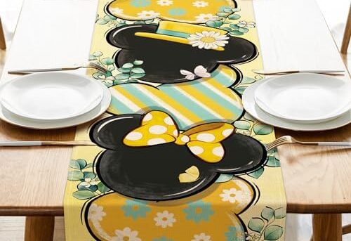 Croar Spring Summer Cartoon Mouse Table Runner, Eucalyptus Leaves Yellow Teal Stripes Kitchen Dining Table Decoration, Daisy Seasonal Burlap Indoor Outdoor Home Decor Party Supply 13 x 72 Inches