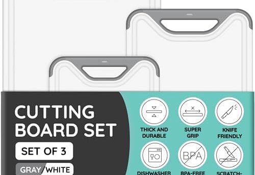 Cutting Boards for Kitchen, Plastic Cutting Board Set of 3, Dishwasher Safe Cutting Boards with Juice Grooves for Meat, Veggies, Fruits, Easy Grip Handle, Serveware Accessories (Gray)