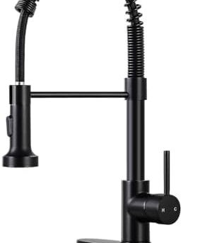 DJS Kitchen Faucets with Pull Down Sprayer Matte Black -【Dual Mode Setting】Single Handle 1 or 3 Holes Commercial Spring Kitchen Sink Faucet with Deck Plate for Farmhouse RV Vessel Basin