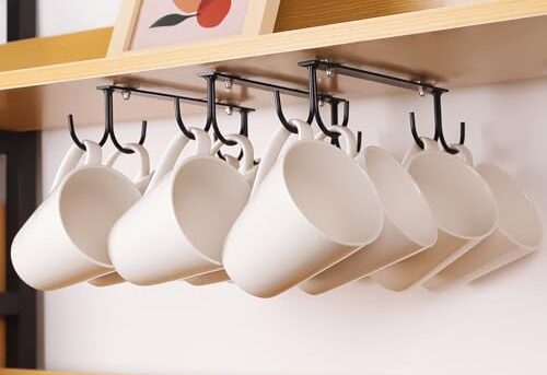 EigPluy Mug Hooks Under Cabinet,3 Pieces Under Cabinet Mug Holder,Under Shelf Mug Organizer Rack with 12 Hooks,Display Hanging Storage Hook for Mugs/Coffee Cups/Kitchen Utensils, Black