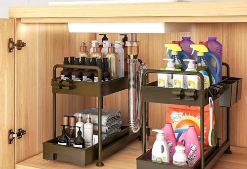 Exilenthome 2-Pack Under Sink Organizers for Bathroom and Kitchen, 2-Tier Cabinet Storage with Pull-Out Drawer, 6 Hooks, and 2 Hanging Cups (Black)