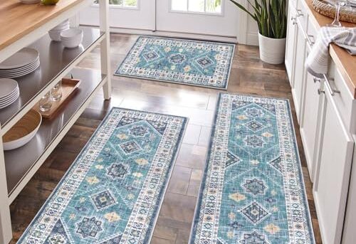 HEBE Boho Kitchen Rug Sets 3 Piece with Runner Non Slip Kitchen Rugs and Mats Washable Kitchen Mats for Floor Thick Kitchen Floor Mat Carpet Runner Rugs for Hallway Laundry Holiday Decor