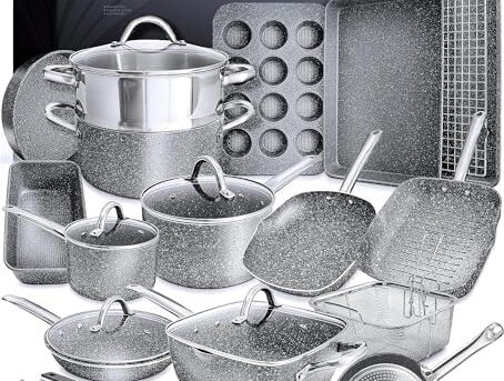 Home Hero Pots and Pans Set Non Stick - Induction Compatible Kitchen Cookware Sets + Bakeware Sets - Non Stick, PFOA Free, Oven Safe Pot and Pan Set Nonstick (23 Pcs - Granite)