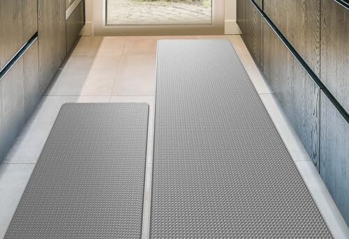 Homergy Anti Fatigue Kitchen Mats for Floor 2 PCS, Memory Foam Cushioned Rugs, Comfort Standing Desk Mats for Office, Home, Laundry Room, Waterproof & Ergonomic, 17.3×30.3 & 17.3×59, Grey