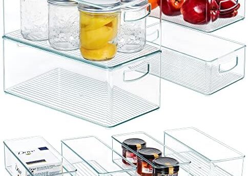 Hudgan 8 PACK Stackable Pantry Organizer Bins (3 sizes) - Clear Fridge Organizers for Kitchen, Freezer, Countertops, Cabinets - Plastic Food Storage Container with Handles for Home and Office
