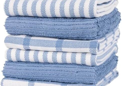 KAF Home Premium Kitchen Towels (18" x 28", 6 Pack), Large 100% Cotton, Flat & Terry Absorbent Dish Towel Set (Faded Denim)