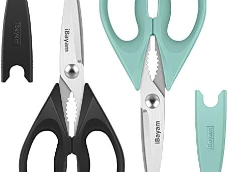 Kitchen Shears, iBayam Kitchen Scissors All Purpose Heavy Duty Meat Scissors Poultry Shears, Dishwasher Safe Food Cooking Scissors Stainless Steel Utility Scissors, 2-Pack, Black, Aqua Sky
