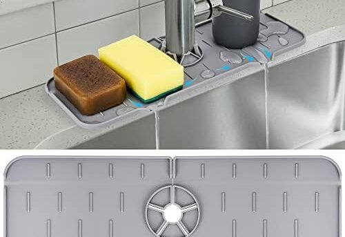 Kitchen Sink Splash Guard - Silicone Faucet Handle Drip Catcher Tray, Dish Soap Dispenser and Sponge Holder Mat Behind Faucet, Kitchen Guard Gadgets Sink Accessories for Kitchen Counter and Bathroom