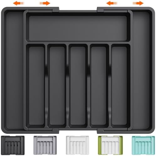 Lifewit Silverware Drawer Organizer, Expandable Utensil Tray for Kitchen, BPA Free Flatware and Cutlery Holder, Adjustable Plastic Storage for Spoons Forks Knives, Large, Black