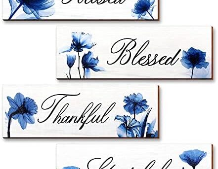 MONKLE Blue Wall Decor for Living Room 4 Pieces - Focused Grateful Blessed Thankful Wood Signs, Flowers Art Decor Wooden Hanging Plaques, Floral Art Decorations for Home Kitchen