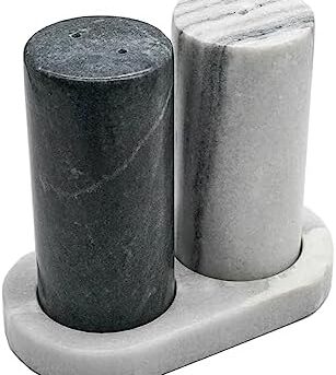 Marble King Deluxe Salt and Pepper Shaker Set - Natural Black & White Marble with Marble Tray, Silicone Covers, and Cleaning Brush - Luxury Home Decor, Perfect for Gifts & Home Kitchen Accessories