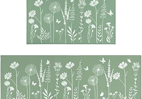 Sage Green Kitchen Mat Rug Set of 2- Plant Floral Butterfly Kitchen Rugs with Runner Kitchen Decor Accessories Things, Kitchen Rug Mat- Leaves Rugs for Home Kitchen Large- 17x30 and 17x47 Inch