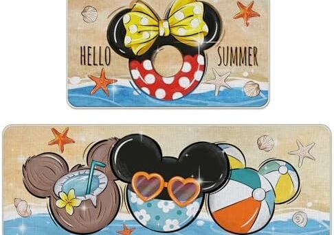 Tailus Hello Summer Cartoon Mouse Kitchen Rugs Set of 2, Beach Coastal Swim Ring Coconut Ball Kitchen Mats Decor, Nautical Starfish Conch Floor Door Mat Home Decorations -17x29 and 17x47 Inch