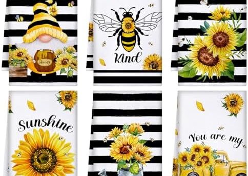 Tranqun 6 Pcs Sunflower Kitchen Towels Bee Hand Towels Set Summer Stripes Gnomes Dish Towels Sunflower Bee Tea Towel Absorbent Drying Cloth for Kitchen Cooking Home Baking Housewarming Gifts,16 x 24''