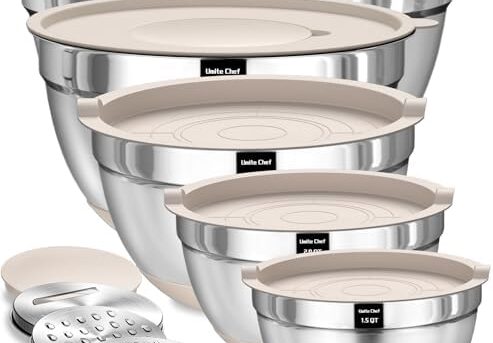 Umite Chef Mixing Bowls with Airtight Lids Set, 8PCS Stainless Steel Khaki Nesting Bowls with Grater Attachments, Kitchen Bowls with Non-Slip Bottoms, Size 5, 4, 3.5, 2, 1.5QT for Mixing & Serving