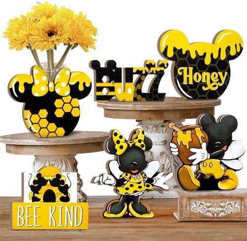 Uruney Spring Tiered Tray Decor, Cartoon Mouse Bee Tray Decorations, Honey Bee Hive Bee Kind Buzz Wooden Signs, Farmhouse Rustic Spring Summer Decorations for Home Kitchen Table Shelf Mantel