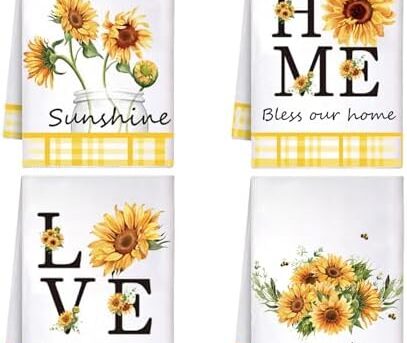 YLOLUL 4 Pcs Sunflower Bottle Home Love Kitchen Towels Dish Towels Sunflower Absorbent Hand Towel Decorative Tea Towels, 17x26 Inch Seasonal Decoration Hand Towels Kitchen Decor for Cooking