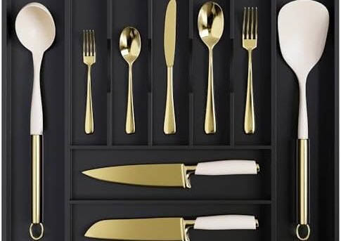 oridom Large Premium Bamboo Silverware Organizer - Expandable Drawer Organizer & Utensil Organizer - 17"x19.7" Cutlery Tray with Dividers for Kitchen Utensils and Flatware (7-9 Slots) (Black)